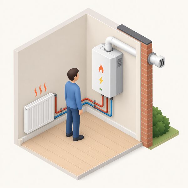 A wall-mounted micro-CHP unit installed indoors like a gas boiler, with a small isometric figure beside it, its flue passing through the outside wall, and simple pipes and a radiator indicating heat while the unit runs.