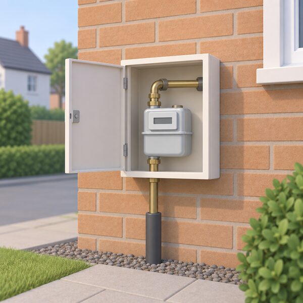 An outside wall of a house with a standard surface-mounted gas meter box, its door open to show a simplified meter, connected to a supply pipe rising from the ground and a smaller pipe entering the wall towards the home.