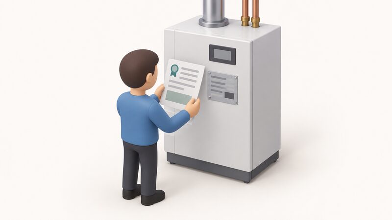 A simplified figure holds a certification document beside a micro-CHP unit, comparing the paper against the product plate fixed to the appliance, with blank lines and plain blocks standing in for all recorded details so nothing readable appears.