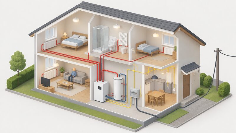 An isometric cutaway of a house showing a micro-CHP unit with one pipe circuit feeding radiators and a hot water cylinder and a second circuit supplying electricity to the household wiring, with a grid connection cable still entering the home.