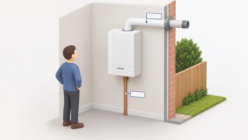 A wall-mounted domestic micro-CHP unit on an interior wall, with its gas supply pipe rising from the floor to the unit and its flue passing through the external wall, each marked with a plain blank label tag, and a simplified figure standing beside it.