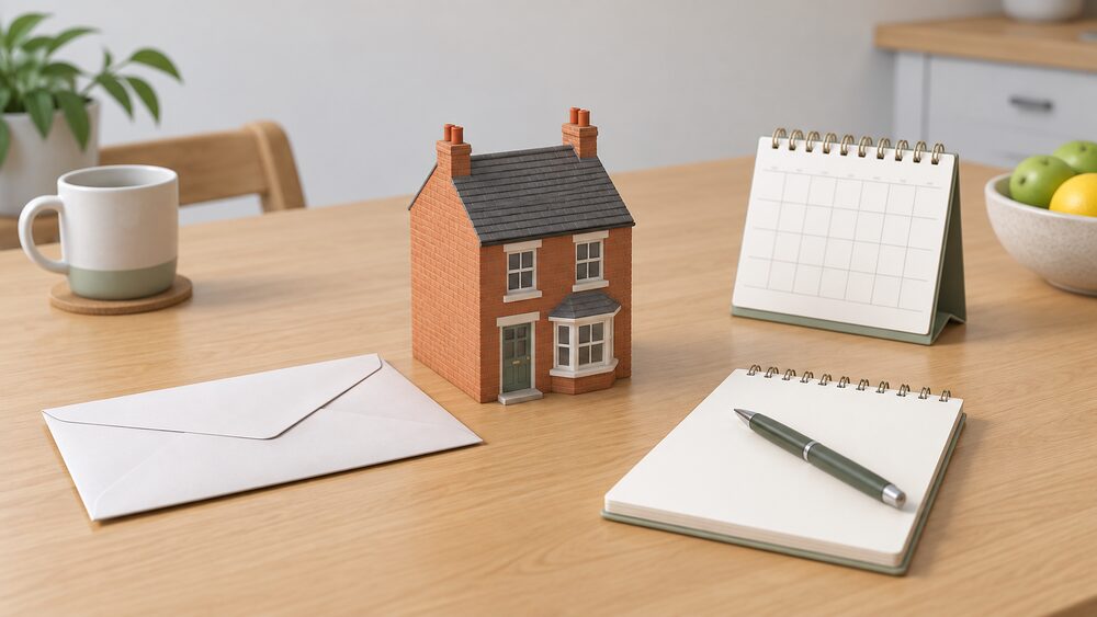 A small model of a brick terraced house sits on a kitchen table beside a sealed official envelope, a blank notepad with a pen resting on it, and a desk calendar, suggesting a household waiting on a decision that never arrives.