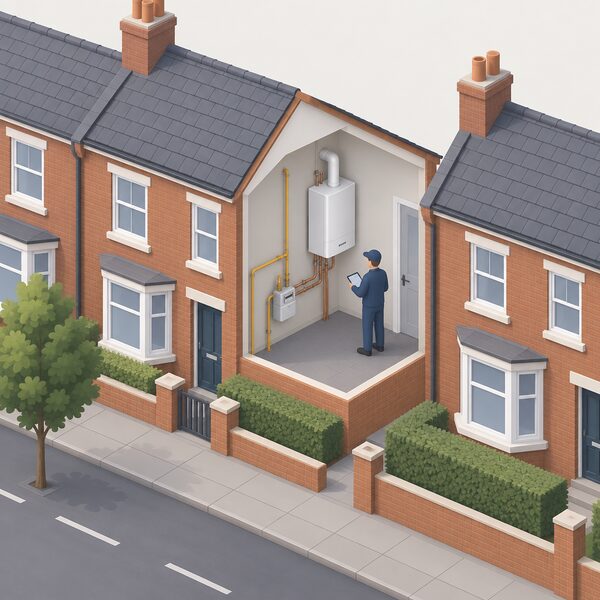 A demonstration hydrogen home on an ordinary residential street, shown as a normal terraced house with a hydrogen boiler inside and the existing gas supply pipe still connected unchanged, with a small isometric figure inspecting the installation as part of a test and learn project.