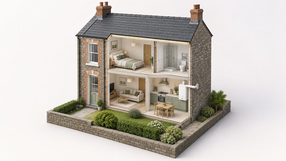 A cutaway view of a traditional Welsh terraced house with a hydrogen boiler on an indoor wall with its flue passing through the external wall, and a hydrogen cooker standing in the kitchen, all inside a home that has already been deep retrofitted.