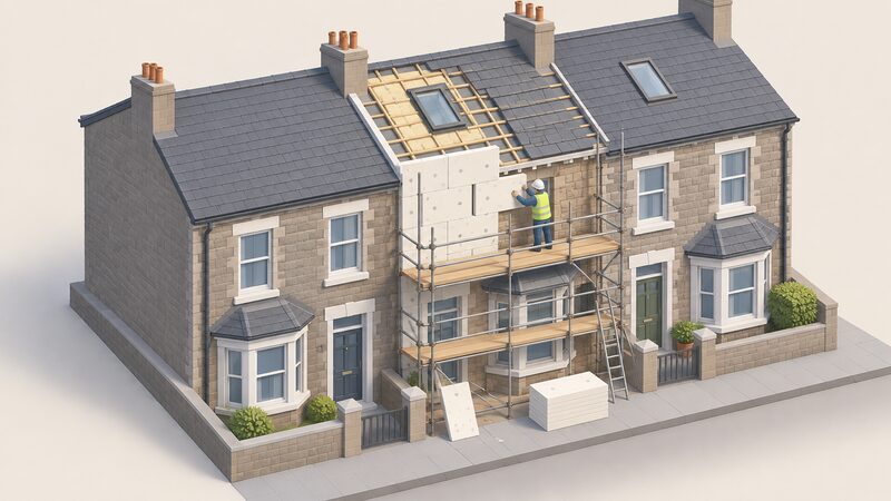 A traditional Welsh terraced house wrapped in scaffolding during a deep retrofit, with a small isometric figure of a worker on the scaffolding fitting external wall insulation panels to the exposed front wall while the roof and windows show upgrade work underway.