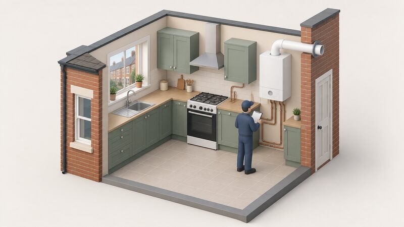 A retrofitted terraced-house kitchen with a wall-mounted hydrogen boiler connected to a flue and a hydrogen cooker beside it, with a small isometric figure inspecting the installation.