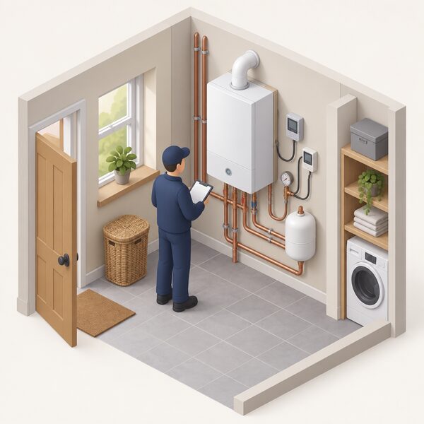 A prototype hydrogen boiler mounted on the wall of a lived-in home's utility space, connected to water and heating pipework, with a simplified isometric figure of an engineer inspecting it and small monitoring instruments attached nearby.