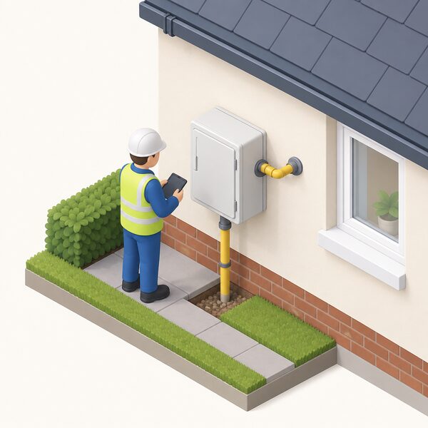 An external hydrogen meter box mounted on the outside wall of a house, with a small isometric figure standing beside it checking the installation, the box connected to a pipe entering the wall and a supply pipe rising from the ground.
