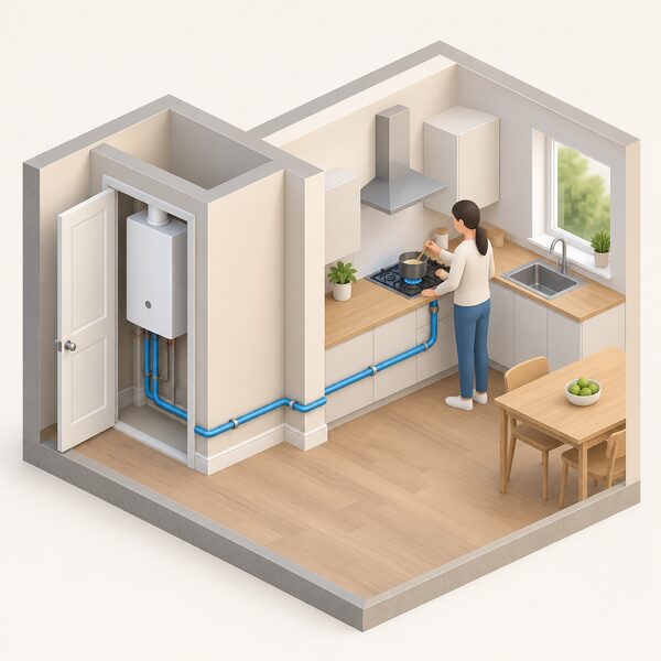 An isometric cutaway of a real home showing a hydrogen boiler installed inside a closed boiler cupboard and, in the adjoining kitchen, a person cooking on a hydrogen hob, both connected by pipework to show hydrogen in everyday domestic use.