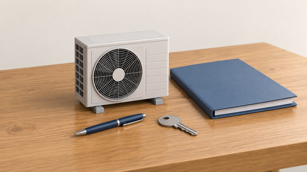 A small model of an air source heat pump outdoor fan unit stands on a wooden table beside a closed report folder, a pen and a house key, suggesting a finished trial whose findings are published and whose equipment stays with the household.