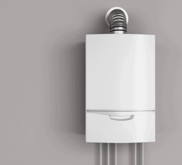 A white wall-mounted gas combi boiler with a flue and pipes against a grey wall