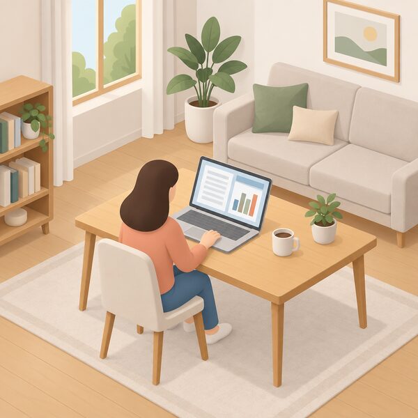 A simplified isometric figure sits at a table in a home living room viewing a laptop whose screen shows plain document pages and simple bar-chart blocks representing published reports and datasets, with no readable words or numbers.