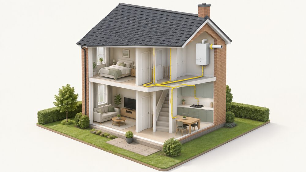 A cutaway house showing a wall-mounted boiler indoors with its flue through an external wall, new gas pipework running through the floors and walls, and a gas hob in the kitchen, all as the replacement set for a hydrogen conversion.