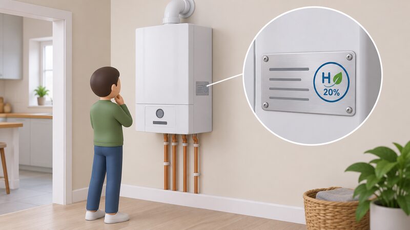 A close-up of a data plate fixed to the side of a domestic wall-hung gas boiler, shown as a physical metal label with a plain circular certification mark and blank lines, with a small simplified householder figure looking at it.