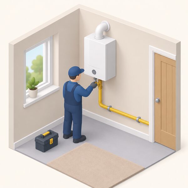 A wall-mounted 100% hydrogen boiler inside a home, connected to newly installed gas pipework running along the wall, with a simplified installer figure checking the connection.