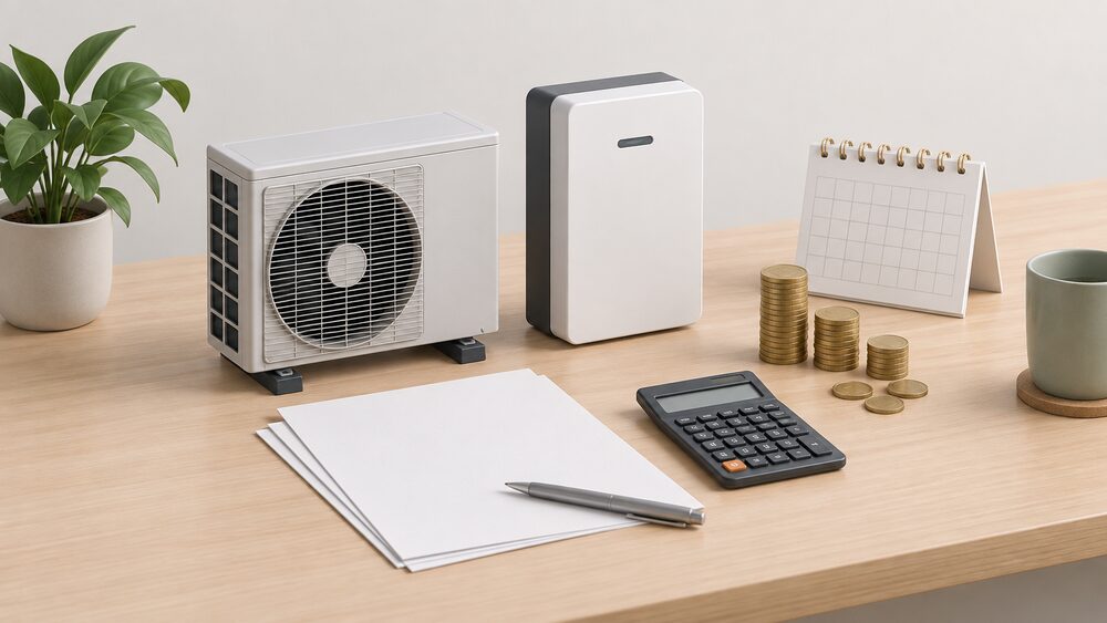 A small model of an air source heat pump outdoor unit and a wall-hung battery standing on a table beside blank paperwork, a calculator, a stack of coins and a calendar, arranged as a household weighing up a first purchase.