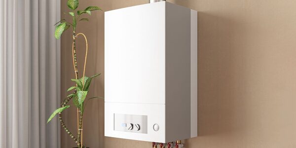 A white wall-mounted combi boiler installed on a beige wall next to a houseplant and curtain