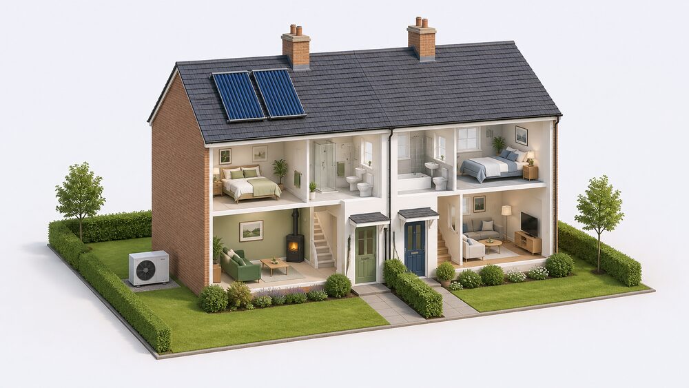 A pair of semi-detached demonstration houses on an ordinary street, shown in cutaway, with an air source heat pump unit standing on the ground outside one house, solar thermal panels on its roof, and a biomass stove inside the living room.