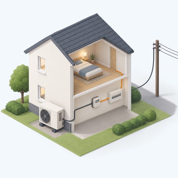 A simplified isometric house with an air source heat pump on its outside wall, connected by cable to the electricity meter and consumer unit, with a supply line running from the meter to the local grid to show the net-zero home stays connected.