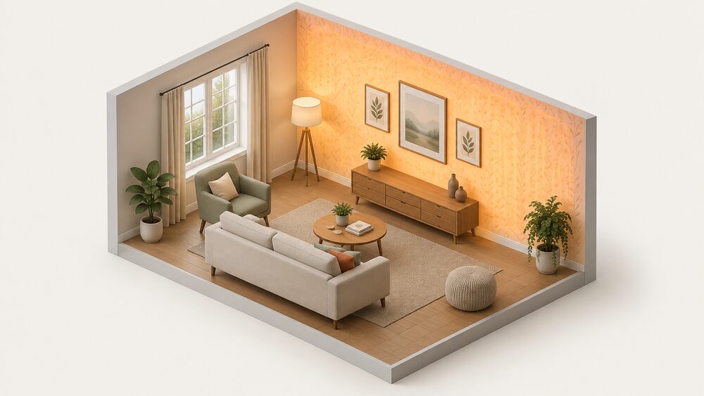 A simply furnished living room with one interior wall finished in electric wallpaper that has been plastered over and decorated like ordinary wallpaper, the whole wall surface glowing with gentle, even infrared warmth rather than a hot spot.