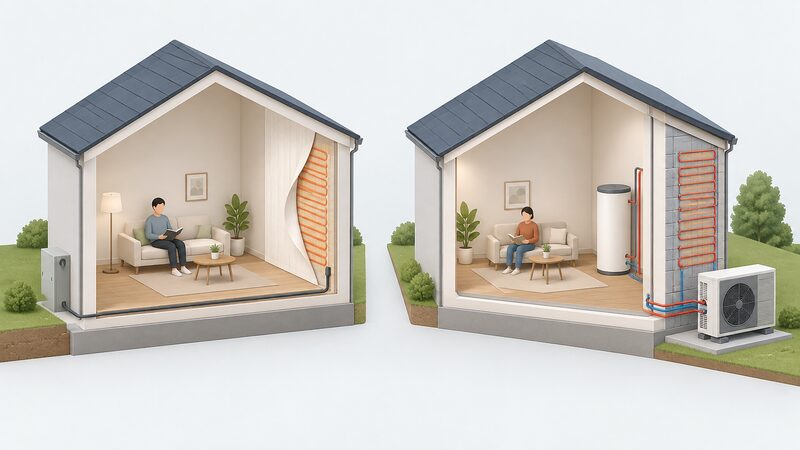 A split diagram showing two simplified house cross-sections side by side: one with resistance electric wallpaper behind an internal wall surface fed directly from the electricity supply, the other with an outdoor heat pump unit connected to an external wall heating layer, with a hot water cylinder beside it.