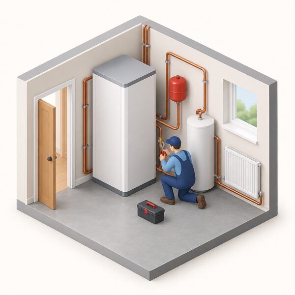 A compact heat battery unit installed in a home utility space, shown as a tall insulated cabinet connected by pipework to the heating and hot water system, with a small isometric installer figure tightening a pipe connection beside it.