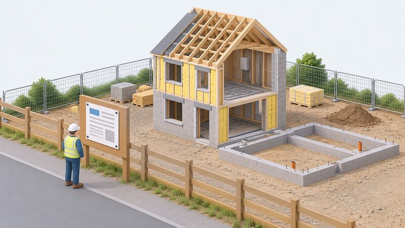 A building control approval notice pinned to a site noticeboard beside a fenced new-build dwelling plot, with a small isometric figure of a site visitor pausing to look at the notice, the unfinished house and its foundations visible behind.