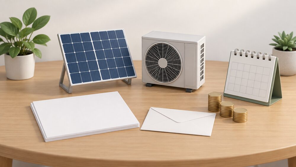 A small model of a solar panel and a model of an air source heat pump stand side by side on a table beside blank application paperwork, a plain envelope, a stack of coins and a desk calendar, all arranged as a household weighing up new energy technology.