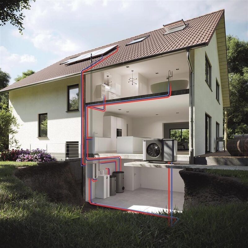 A cutaway illustration of a house showing a heat pump, hot water cylinder and heating pipework running through the floors, with solar panels on the roof