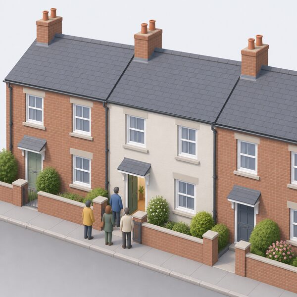 A simple exterior view of a hydrogen-retrofitted terraced house in Wales, drawn as one home in a short terrace, with a few small simplified visitor figures standing outside near the front door as if arriving for an open day.