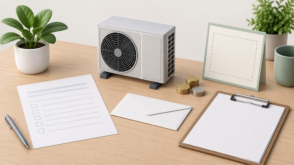 A small model of an air source heat pump fan unit stands on a desk beside a blank consultation response form, a sealed envelope, a clipboard with blank pages and a few coins, with an empty labelled space where a grant leaflet would sit.