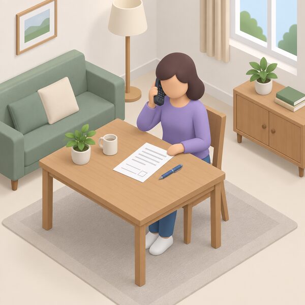 A householder sitting at a table in a domestic living room telephoning a Scheme Manager on a cordless phone to apply for programme funding, with a printed application form and a pen beside them on the table.