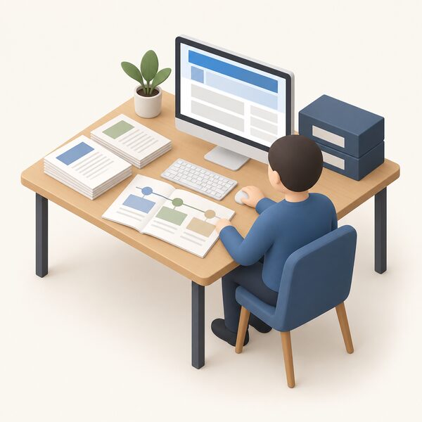 A simplified figure at a desk uses a computer showing an archived web page as plain colour blocks, with older printed press releases and a scheme framework document lying beside the keyboard, one sheet open to a blank timeline of three plain milestone bands.
