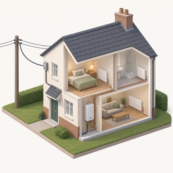 A simple cutaway view of a Northern Ireland house with a power line from the local electricity network entering the building and an oil or gas boiler inside connected to radiators, showing the household still drawing both power and heat from external supplies.