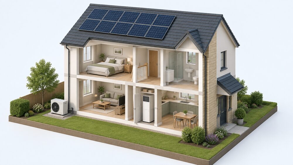 A cutaway of a modern Scottish house with solar PV panels on its roof, an air source heat pump standing on the ground outside an external wall, and a compact thermal heat battery unit inside a utility cupboard, with no gas cylinder anywhere.
