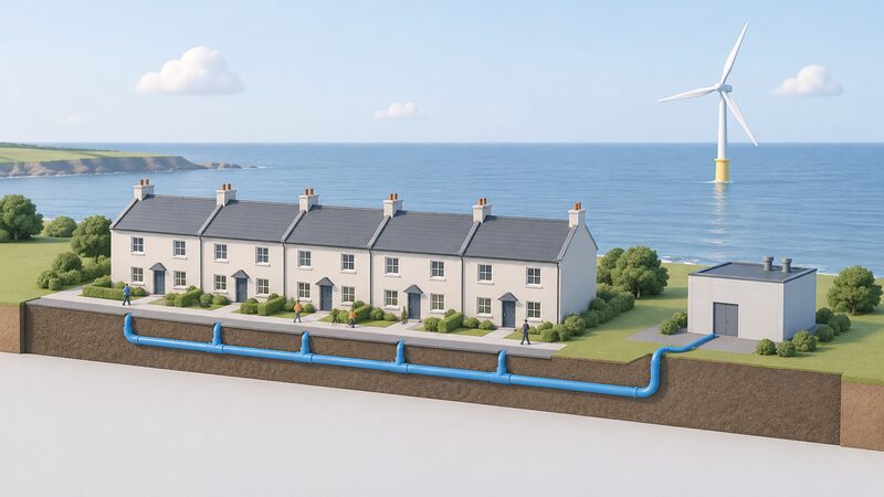 A row of simple terraced houses connected by a buried hydrogen pipe to a small electrolyser building, with a single offshore wind turbine standing in the sea in the background.