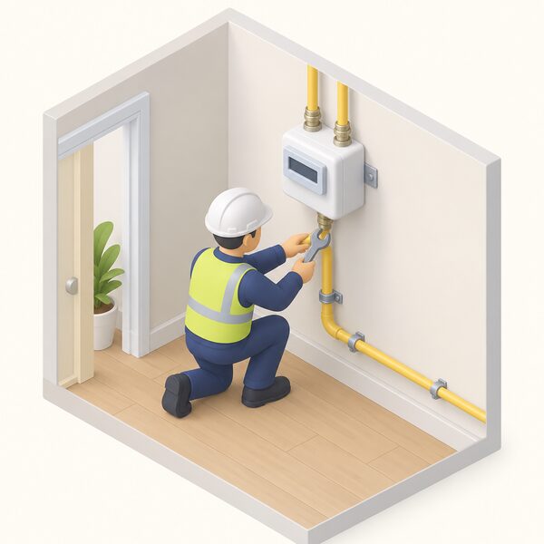A small isometric figure of a qualified engineer fitting a certified hydrogen gas meter and its connecting pipework on an indoor wall of a home, with a spanner in hand and the meter box mounted above the pipework runs.