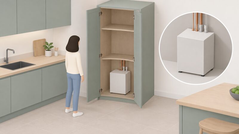 A compact thermal battery unit, a small box far smaller than a hot water cylinder, installed inside a kitchen cupboard in the space where a cylinder would normally sit, with a simplified isometric figure showing its small footprint against the cupboard.