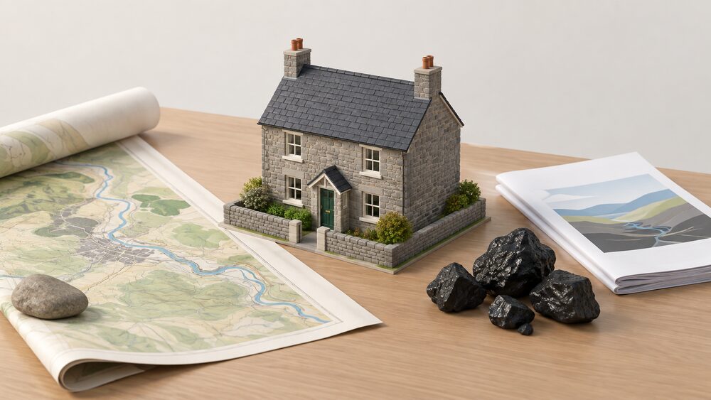 A small model of a Welsh house stands on a table beside a rolled paper map weighted open at one corner, with a few lumps of coal and a folded technical report stacked next to it, suggesting a coalfield community assessing mine water heat potential.