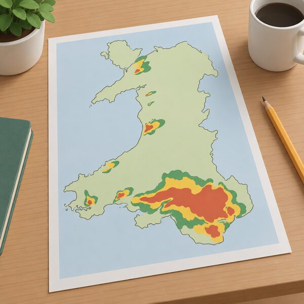 A simplified map of Wales with the coalfield areas shaded in three plain colour bands, drawn as a printed sheet on a table, showing the southern Wales coalfield and smaller scattered coalfield patches with no names, numbers or legend text.