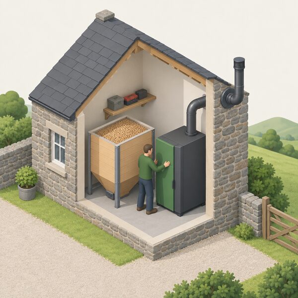An installer in plain clothing positions a wood-pellet biomass boiler inside the utility space of a simple rural Welsh stone house, connecting its flue through an outside wall while a pellet store stands beside it, with no gas pipe anywhere in the scene.