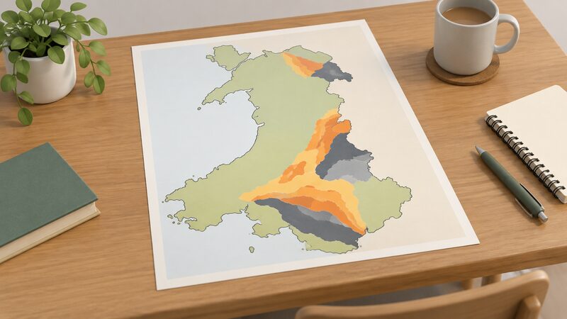 A printed map sheet of Wales shown as an object, with coalfield areas shaded in plain colour bands of different tones to indicate opportunity categories, laid flat on a table under good light with no place names, numbers or legend text.