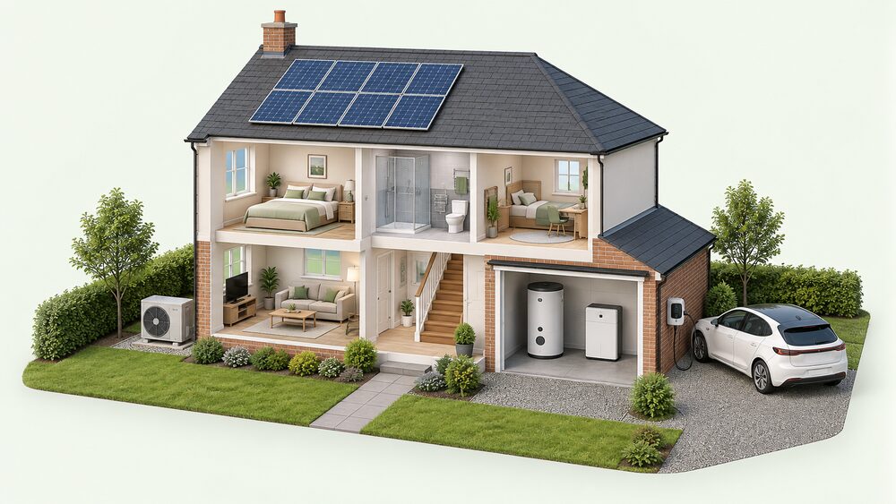 A cutaway UK house with solar panels on the roof, an air source heat pump unit standing outside on the ground, a bidirectional EV charger on the outside wall beside a parked electric car, and a home battery and hot water cylinder in the garage.