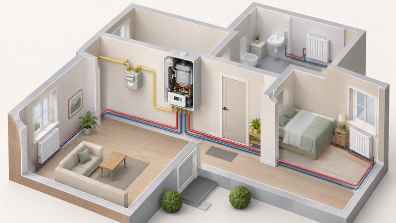 A cutaway view of a wall-hung hydrogen-ready boiler on an inside wall, with its casing opened to show the burner and controls, connected by a supply pipe to a gas meter and by flow and return pipework to radiators in the rooms around it.