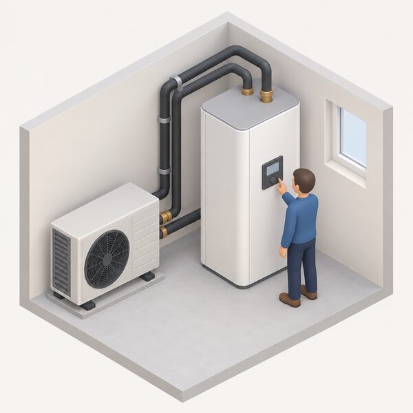 A compact heat battery unit standing upright in a home utility space, connected by insulated pipework to a heat pump beside it, with a small isometric figure inspecting the unit's plain control panel.