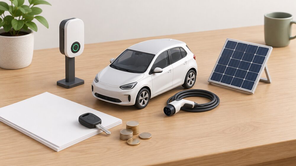 A small model electric car with a charging cable resting beside it, a small model wall-mounted chargepoint on a stand, a small model solar panel, and blank paperwork with a key and a few coins arranged on a table.