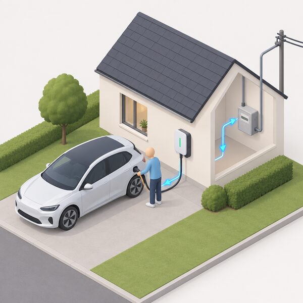 A small isometric figure plugging a cable from a bidirectional wall-mounted charger into an electric car parked on a domestic driveway, with a simple arrow showing power flowing from the car back through the charger toward the grid connection of the house.