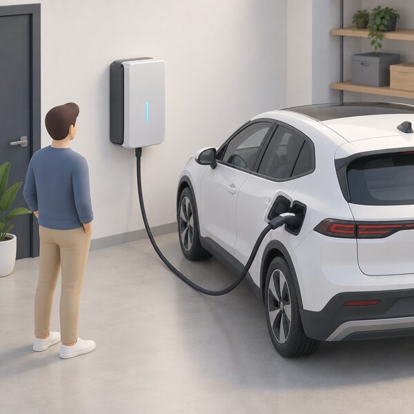 A bidirectional V2G wall charger unit mounted on an indoor wall beside a parked electric car, with a cable linking the unit to the car's charge port, showing the hardware whose cost exceeds a standard smart chargepoint.