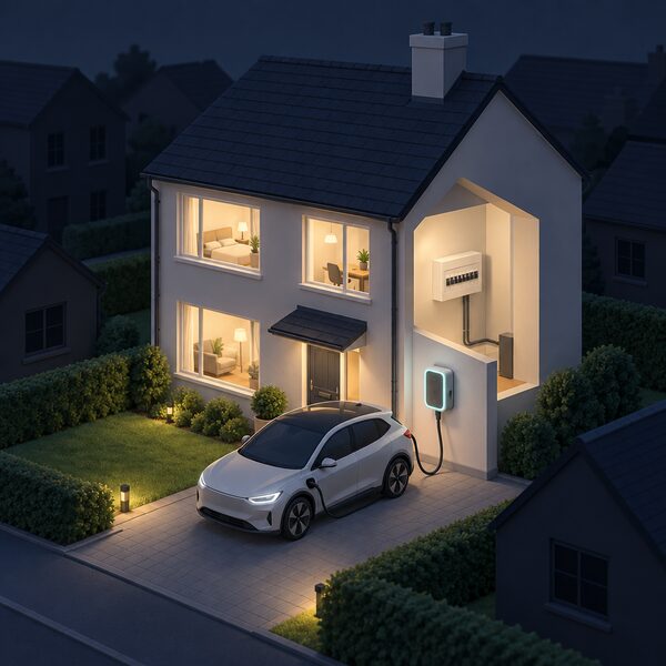 An electric car parked on a house driveway at night, connected by a bidirectional charger on the wall to the home's consumer unit, with the house windows lit while neighbouring houses stand dark during a power outage.