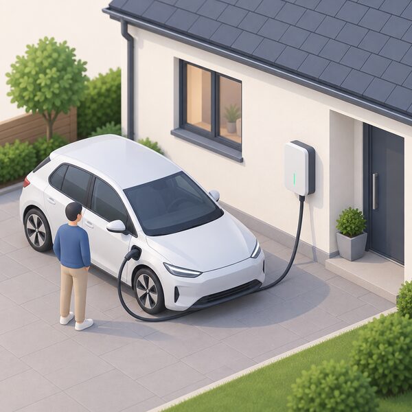 A wall-mounted V2G charger unit on the outside wall of a house, connected by a cable to an electric car parked on the driveway beside it.